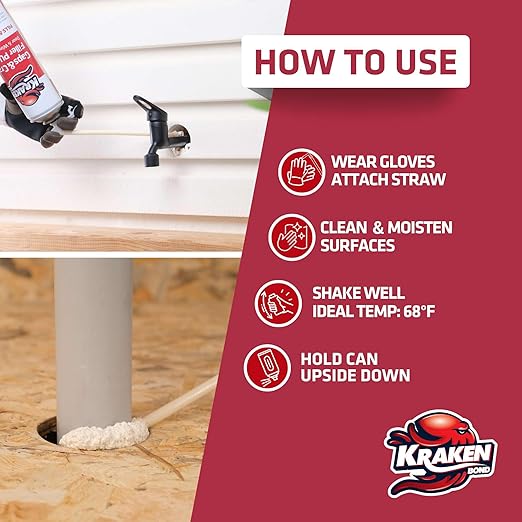 Kraken Bond Gaps & Cracks Expanding Foam Sealant - (2x12oz) High Expansion Polyurethane Spray Foam for Window & Door, Straw Use Waterproof High Yield Gap Filler - 2 Pack