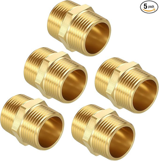 Pack of 5, 1" Male NPT to 1" Male NPT Solid Brass Hex Nipple Hose Connectors, Male Pipe Adapter for Pipe Leak Repair, Bathroom Remodeling, Tool Extensions, Compression
