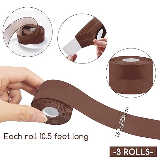 3 Rolls 1.5 Inch Caulk Tape Self Adhesive Toilet Caulking Strip Bathroom Sealing Caulk Strip Peel and Stick Bathtub Caulking Tape, 10.5 Feet Each Roll (Brown)