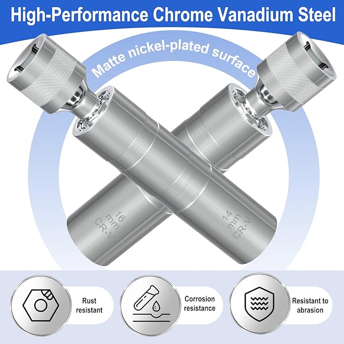 14mm&16mm Spark Plug Socket Set, Thin Wall 3/8" Drive Spark Plug Sockets Removal Tool, 12 Point, Magnetic Swivel Spark Plugs Socket for Most Car Models