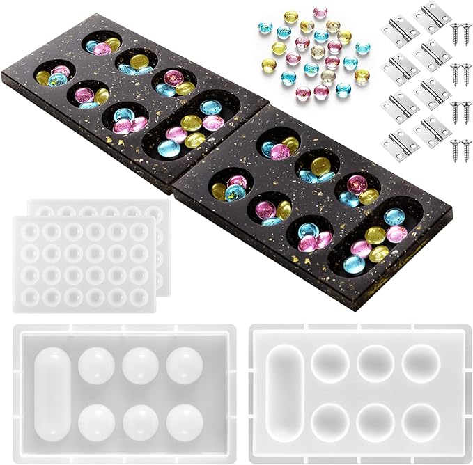 Zhehao Mancala Board Game Molds Set Epoxy Silicone Resin Molds Kit with 2 Pcs Mancala Stones Molds 4 Pcs Metal Mancala Accessories Mancala Board Resin Game Molds for Gifts DIY Family Party Board Games