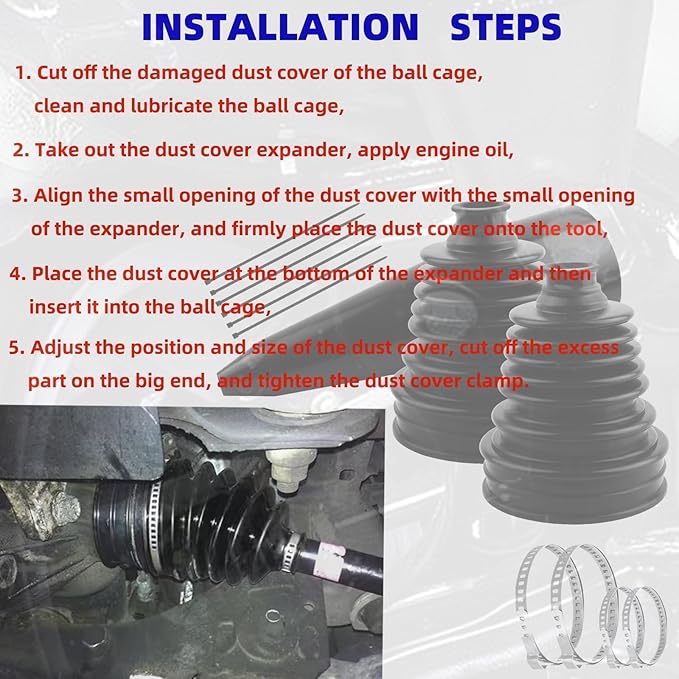 2PCS Silicone CV Boot Repair Kit with Expander Tool and 4 Stainless Steel Clamps Fits for 2.41" 2.81" 3.43" Calibers CV Axle and Tie Rod Joint Universal CV Joint Boot Dustproof and Waterproof
