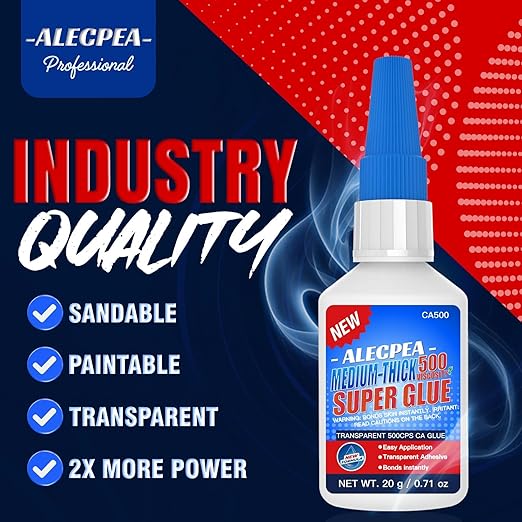 20g Medium-Thick CA Glue (500 CPS), Instant Clear Cyanoacrylate Glue for Wood, Glass, Metal, Paper, Leather, Plastic, Ceramic, Rubber, Jewelry, Woodworking, Hobby Models, and Craft Project