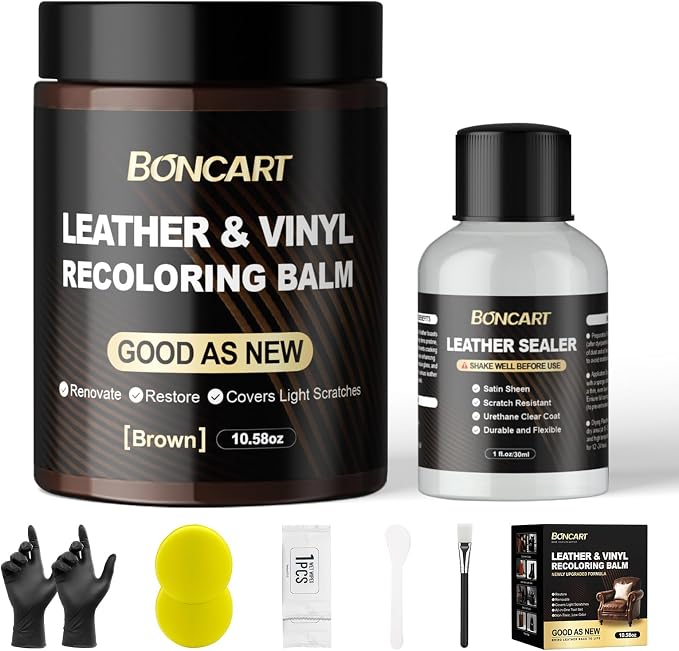 Leather Recoloring Balm with Leather Sealer, 10.58oz Leather Color Restorer, Brown Leather Repair Kit for Vinyl Furniture Shoes Car Seats Bags, Leather Dye & Paint for Faded Couches (Brown Color)