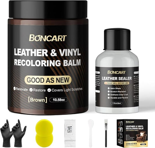 Leather Recoloring Balm with Leather Sealer, 10.58oz Leather Color Restorer, Brown Leather Repair Kit for Vinyl Furniture Shoes Car Seats Bags, Leather Dye & Paint for Faded Couches (Brown Color)
