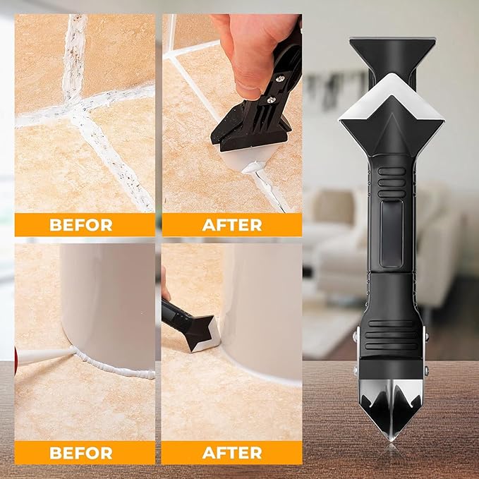 Sakerplus 3-in-1 Caulking Tool, Scraper & Silicone Trowel for Grout Removal and Caulk Smoothing, Sealant Application Tool for Bathroom Kitchen Tile Sink Window Frame (Classic with Scraper, 1 Set)