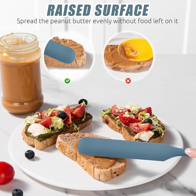 Silicone Jar Spatula,Non-Stick Heat Resistant Kitchen Thin Spatula,Sourdough Stirring Stick,Jam Spreader for Peanut Butter,Cake Cream Butter Spatulas for Scraping Icing Bread Cream (Blue)