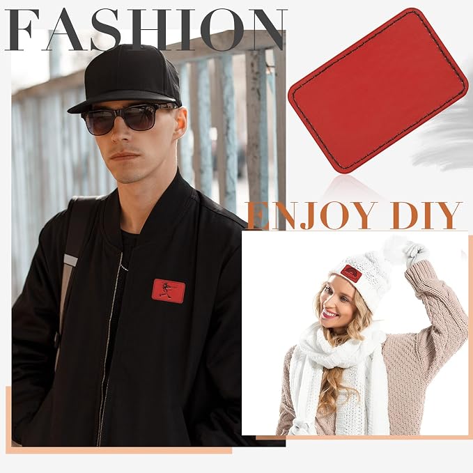 Dunzy 60 Pcs Leather Hat Patches Blank Leatherette Hat Patch with Adhesive Rectangle Laserable Leatherette Patch for Hats Custom Fabric Sew Laser Engraving DIY(Red,3 x 2 Inch)