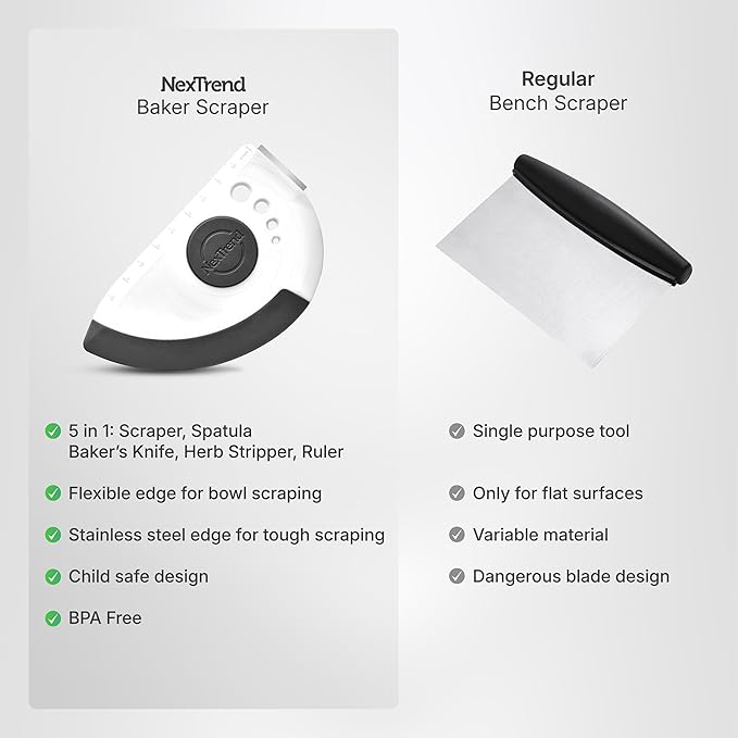 5-in-1 Dough Scraper & Flexible Bowl Scraper by Nextrend, Bread Scraper with Stainless Steel Edge, Ruler & Herb Stripper – BPA Free, Dishwasher Safe - Gray