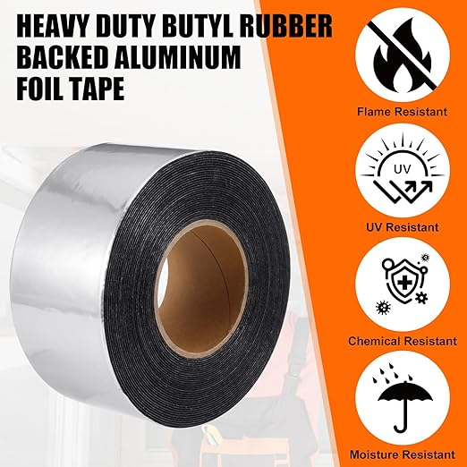 2 Pcs 50 Mil Heavy Duty Aluminum Foil Rubber Tape, Waterproof, for Sealing Roof Flashing, and Repairs in Punctures in Trailers, Truck Bodies, Containers, RVs and Campers (4" X 50')