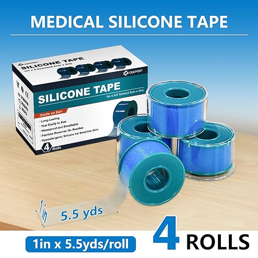 Ceeport Soft Silicone Tape for Skin, 1" x 5.46 Yards, 4 Rolls Medical Adhesive Tape, Easy to Tear Pre-Cut Waterproof Surgical Tape for First Aid, Wound, Bandage and Sensitive Skin