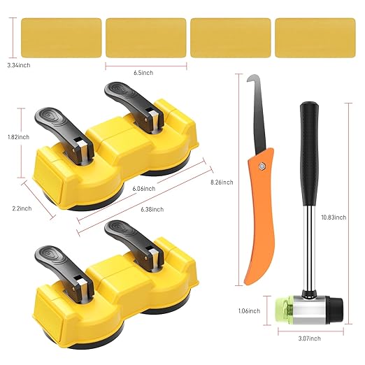 Floor Gap Fixer Tool Kit – 2-in-1 Double Sided Suction Cup with Hammer & 4 Pads for Laminate, Vinyl, Hardwood Floor Repair – Dual-Head Striking Tool for Tight Spaces(2pcs Suction Cups kit)