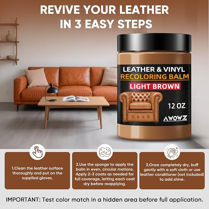 Leather Recoloring Balm, Leather Couch Repair Kit, Leather Restorer for Couches, Leather Scratch Repair, Leather Recoloring Balm for Faded & Scratched Leather Couches (Light Brown (Tan), 12 OZ)