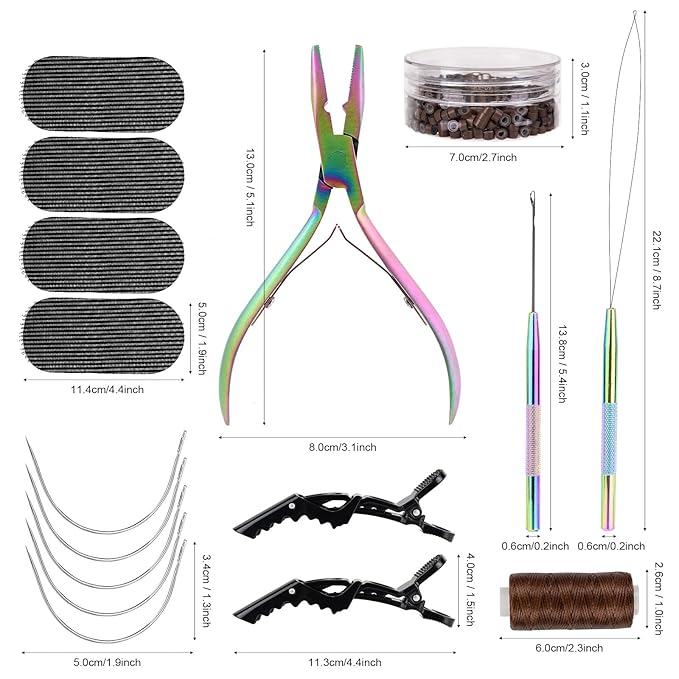 NEWISHTOOL Hair Extension Tool Kit - Silicone Micro Beads, Stainless Steel Beads Plier, Metal Bead Threader and Needle Pulling Hook for Beading Hair Extensions, Girls Cosplay Party Hair Styling Tool