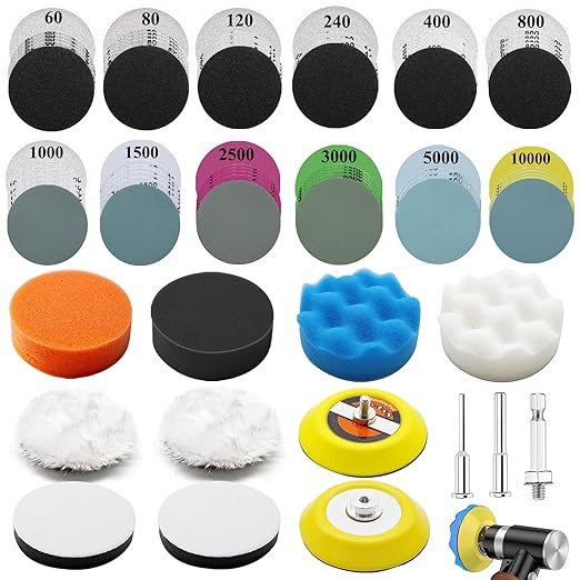 133PCS 3 Inch Sanding Discs Drill Polishing Kit,Wet-Dry 60-10000 Grit Hook-and-Loop Sandpaper,Buffing Pads Drill Sanding Attachment for Car Headlight Restoration, Metal, Wood, Resin Polishing