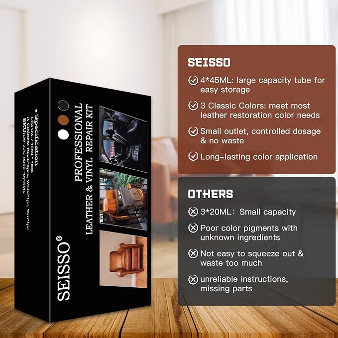 SEISSO Vinyl and Leather Repair Kit for Furniture, Sofa, Jacket, Couches, Car Seats and Purse. Easy Instructions to Match Any Color, Restore Any Material, Bonded, Italian, Pleather, Genuine