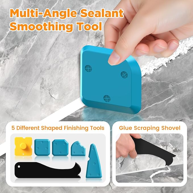 6 in 1 Silicone Caulking Tool Kit with Caulk Grout Remover Tool Sealant Finishing & Smoothing Tool, Grout Scraper, 6 Reusable Pads and Adhesive Residue Scraper for Kitchen Bathroom Tile Sink (Orange)