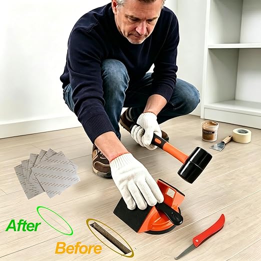 Floor Gap Fixer Tool, with Dual Heavy Duty 45°Striking Surface, Enhanced Suction Cup, 6X Sticky Pads, Rubber Mallet, Hook Tool, Works for Laminate, Vinyl, LVP, Wooden, Hardwood, Floor