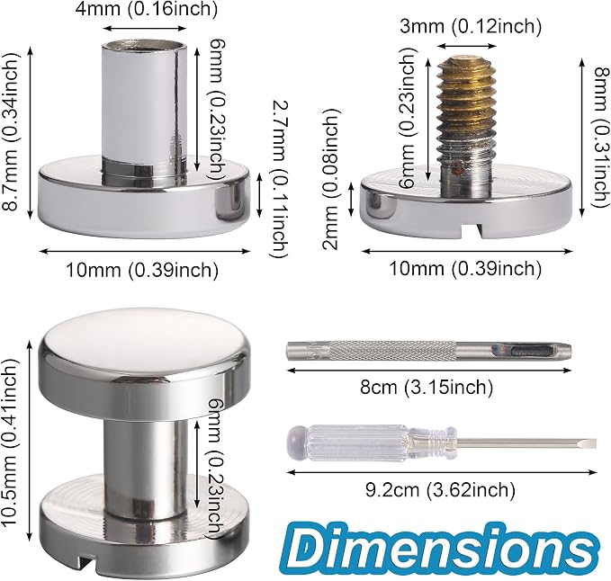 Notgia 6 Sets 10x6MM Brass Chicago Screws Rivets for Leather Binding Screws Studs Purse Hardware Spikes and Studs for Repair Decorate Clothing Shoes Belt Collar Leather Craft (Silver)