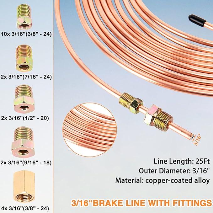 3/16" Brake Line Repair Kit - Double & Single Brake Line Flaring Tool Kit 1/4" 5/16" (with Tube Cutter & 5 Adapters) + 25Ft Copper Coated Brake Line (with 4 Unions & 16 Fittings) + Brake Line Bender
