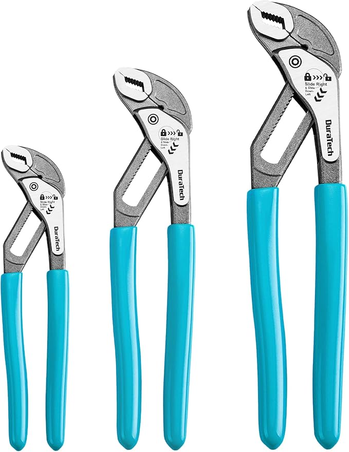 DURATECH 3-Piece Water Pump Pliers Set(8", 10", 12"), Quick-Adjust Groove Joint Pliers with Slide-to-Unlock Mechanism, V-Jaw Design, CR-V Steel, for Plumbing, Automotive, and Household Repairs