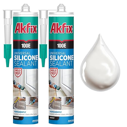 Akfix 100E RTV White Silicone Caulk (2x10.1 fl.oz.) - 100% Waterproof Silicone Sealant for Kitchen and Bathroom, Shower, Toilet, Sink, Window and Door, No Yellowing | White, 2 Pack