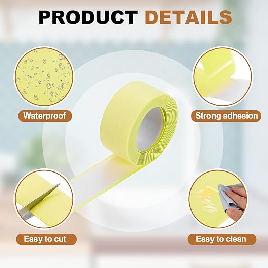 uxcell Caulk Tape Waterproof, 0.83 Inch x 4.92 ft Self-Adhesive Sealant Sealing Strip Caulking Sealant Tape PVC with Tool for Kitchen Sink Toilet Bathroom Bathtub Floor, Beige