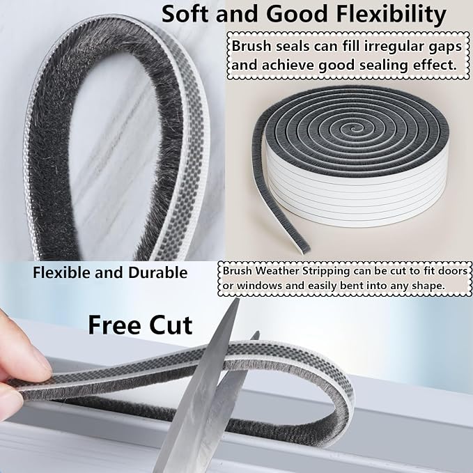 Pile Weather Stripping Brush Seal Strip for Door Window Gap 0.2 x 0.4in x 66FT Self Adhesive Draft Stopper Soundproof Insulation Weather Seal Strip for Interior Sliding Glass Door Garage Door