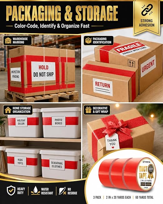 Red Duct Tape Heavy Duty: Wide Waterproof Outdoor Duck Furniture Repair Tape Bulk - Strong Adhesive Weather UV Resistant No-Residue Masking Tapes Patterns Variety Pack (3, Red)