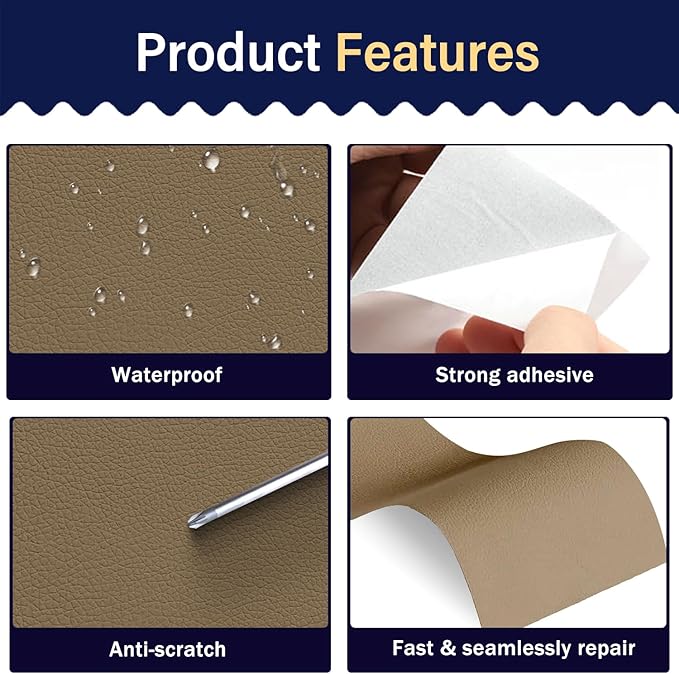 Zenyao Leather Repair Patch Tape - Self Adhesive Leather Repair Kit for Car Seat Furniture, Heavy Duty Vinyl Repair Patch for Couch Sofa, Waterproof Fix for Tears, 16x60 Inch Roll, Grey Khaki