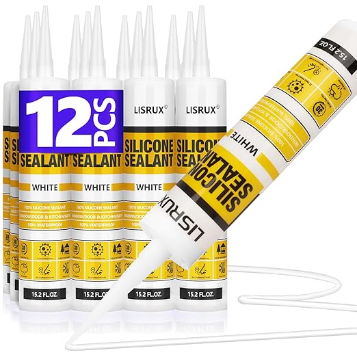 LISRUX Advanced Silicone Caulk for Window & Door, White, 15.2 fl oz Cartridge, 12 Pack - 100% Waterproof Silicone Sealant Indoor Outdoor Caulking, UV Resistant, Stronger Adhesion, Shrink & Crack Proof