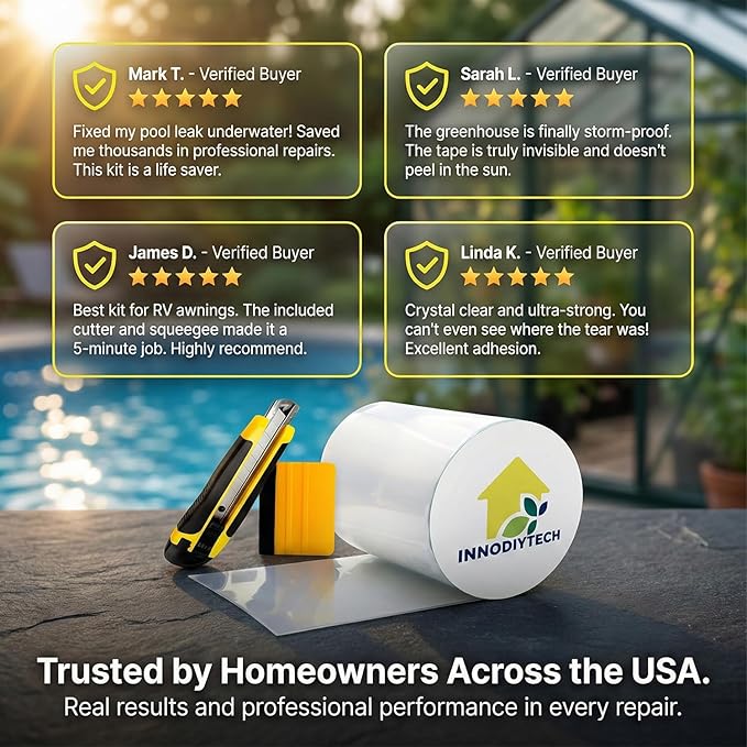 Waterproof Tape for Pools 3.94" W x 4.92ft L Transparent PVC Repair for Pools, Liners, Plastic, Outdoor, Wet Surfaces, Leak Seal, Adhesive, Cutter Included.