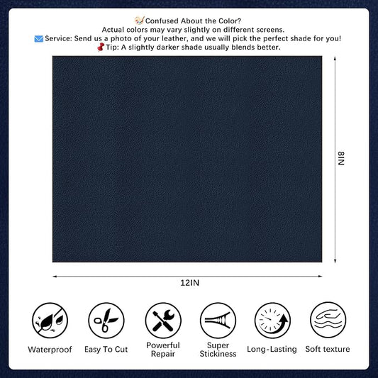 2 Pcs Dark Blue Leather Repair Tape, 8x12 Inch Leather Repair Patch Self-Adhesive, Waterproof Faux Leather Patch, Vinyl Repair Tape for Couch, Sofas, Furniture, Office Chair, Car Seats