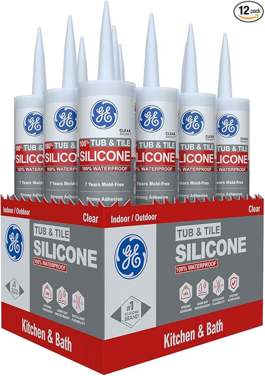GE Tub and Tile Silicone Caulk for Kitchen and Bathroom -100% Waterproof Silicone Paste, Excellent Flexibility, Shrink and Crack Resistant - 10oz Cartridge, Clear, Pack of 12