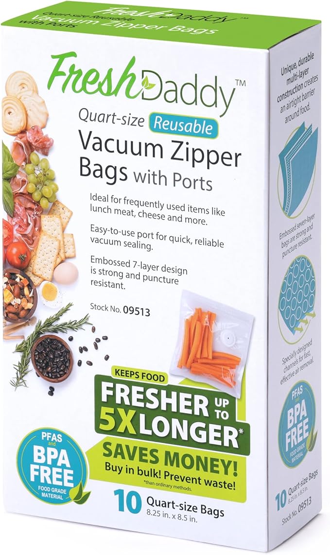 Presto 09513 FreshDaddy Vacuum Zipper Bags with Ports, Quart-Size
