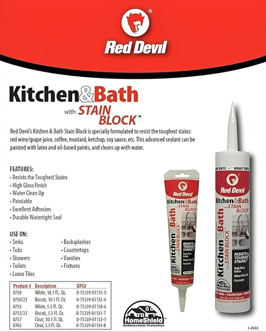 Red Devil 0755 Kitchen & Bath Stain Block Sealant Squeeze Tube, 5.5 oz.
