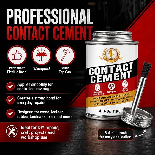 Contact Cement Adhesive, Neoprene Rubber Cement with Brush for Repairs | Strong neoprene bond, fixes cracks and debonds, brush applicator, ideal for wood, rubber, leather, furniture, crafts