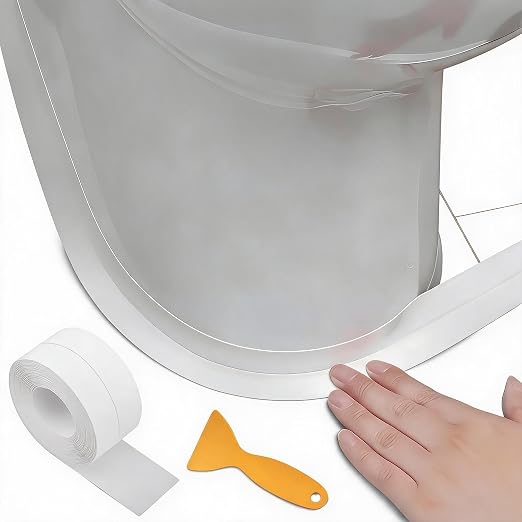 White Waterproof Caulk Tape 16.4 Feet Self Adhesive Peel and Stick Sealing Strip with Scraper Tool, Flexible PVC Caulk Strip for Shower, Tub, Toilet, Kitchen Countertop Indoor Edge Sealing