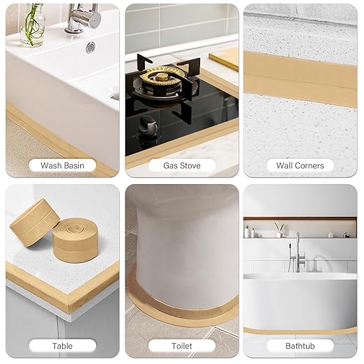 3 Rolls 1.5 Inch Caulk Tape Self Adhesive Toilet Caulking Strip Bathroom Sealing Caulk Strip Peel and Stick Bathtub Caulking Tape, 10.5 Feet Each Roll (Almond)