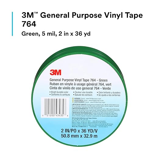 3M Vinyl Tape 764, General Purpose, 2 in x 36 yd, Green, 1 Roll, Light Traffic Floor Marking Tape, Social Distancing, Color Coding, Safety, Bundling