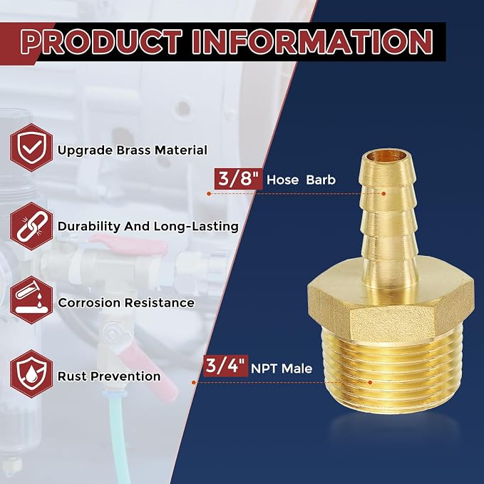 Pack of 1 Brass Hose Barb Fittings Adapter Connector 3/8" Hose Barb to 3/4" NPT Male Fittings for Home Machines, Massage Bathtubs, and Irrigation Systems