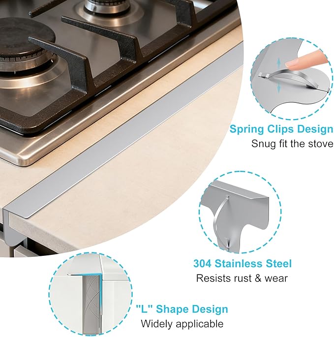 Stove Gap Covers - 2 Pack Stainless Steel Stove Gap Filler, Heat Resistant Oven Gap Filler - Length 23.4" Width 0.79", Spring Clip Design Non-Slip Stove Guard Between Stove Top & Counter - Silver
