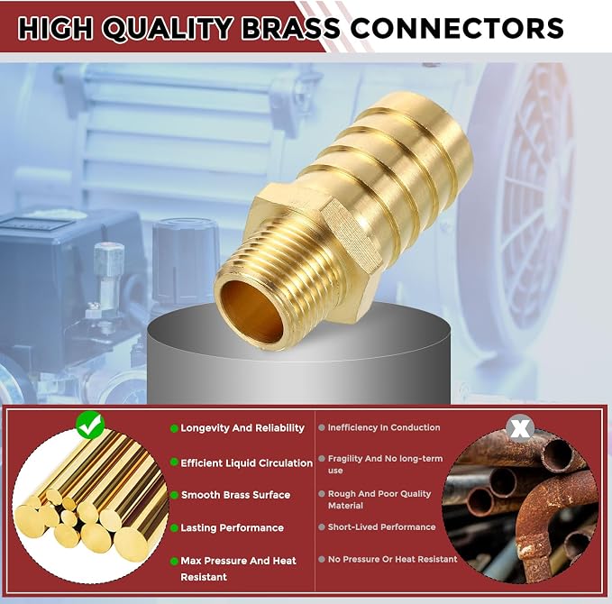 Pack of 2 Brass Hose Barb Fitting 5/8" Barb to 1/4" NPT Male Fittings with 2pcs Hose Clamp for Home Machines, Massage Bathtubs, and Irrigation Systems