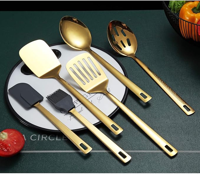 Gold Cooking Spoons, Berglander 6 Pieces Spatula Set Stainless Steel, Metal Spatula, Serving Spoon, Kitchen Tools Set Non-Stick And Heat Resistant, Dishwasher Safe, Easy to Clean (6 Packs)