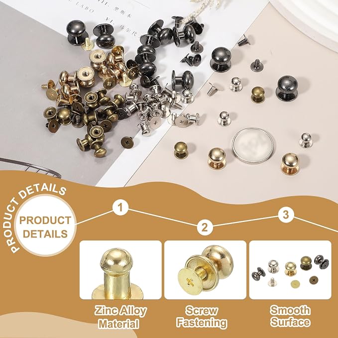 PATIKIL 4 mm Leather Rivets, 20 Sets Ball Head Stud Screw Back Round Head Button Chicago Screw Nipple Stud Rivet for Leather DIY Craft Handbag Belt Repairs, Gold Tone