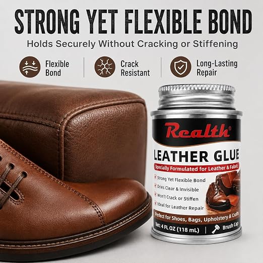 Realth Leather Adhesive Glue 4 oz Brush Can, Heavy Duty Contact Cement | Fast Drying Flexible Bond for Shoe Repair, Upholstery, Automotive Interior, Leather Craft, Fabric, Rubber & DIY Repairs