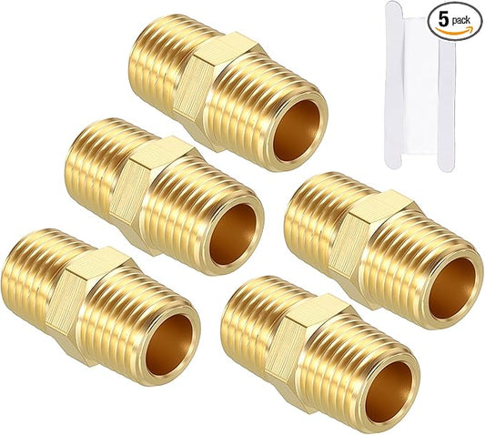 Pack of 5, 1/4" MNPT to 1/4" MNPT Solid Brass Hex Nipple Hose Connectors W/Sealing Tape, Male Pipe Adapter for Pipe Leak Repair, Bathroom Remodeling, Tool Extensions, Compression