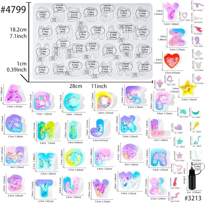FUNSHOWCASE Alphabet Resin Shaker Molds Kawaii Keychain Charm Set Pack of 58 Silicone Trays Seal Films Precision Tip Applicator Bottle Kit Bundle