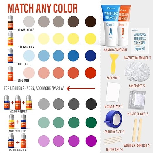 Fiberglass Tub Repair Kit(Color Match), Fiberglass Shower and Acrylic Bathtub Repair Kit for Scratches, Cracks, Chips, Holes on Porcelain, Enamel, Tubs, Tile, Sink, Fix Chipped Almond Bath Tub
