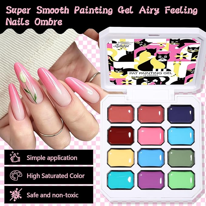 12 Color Patting Nail Gel Polish Kit, Ombre Painting Gel Palette with Brush & Silicone Patting Pen & Nail Art Stickers - UV/LED Curing for Gradient Nails, Beginner Friendly DIY Manicure Set